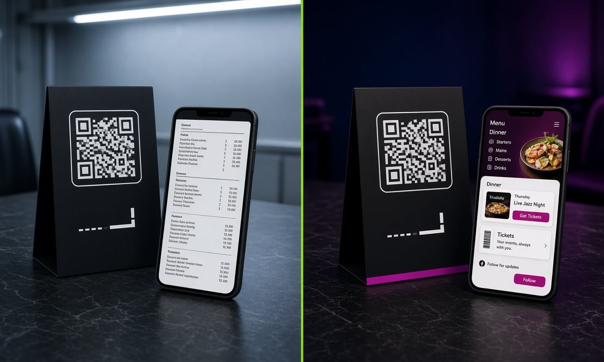 A QR that stops at a PDF beside a scan that continues to an event