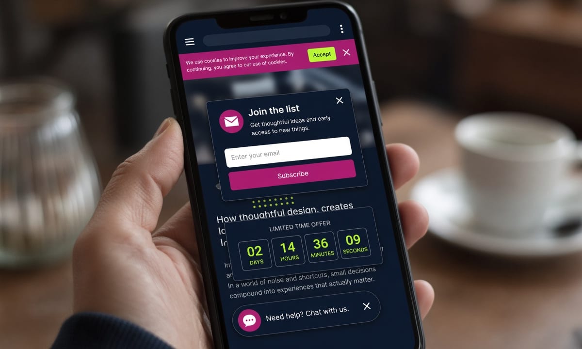 Cookie banner, popup, timer, and chat bubble covering a page