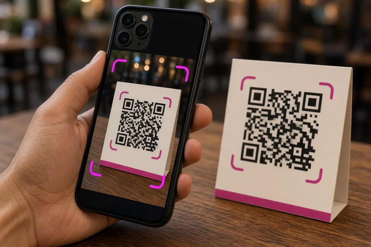 A phone scanning a table-tent QR code