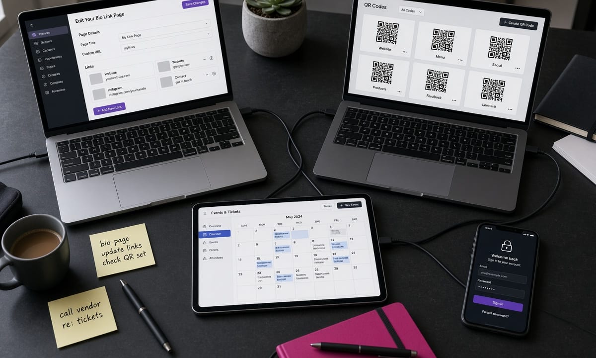 Four disconnected screens on one desk