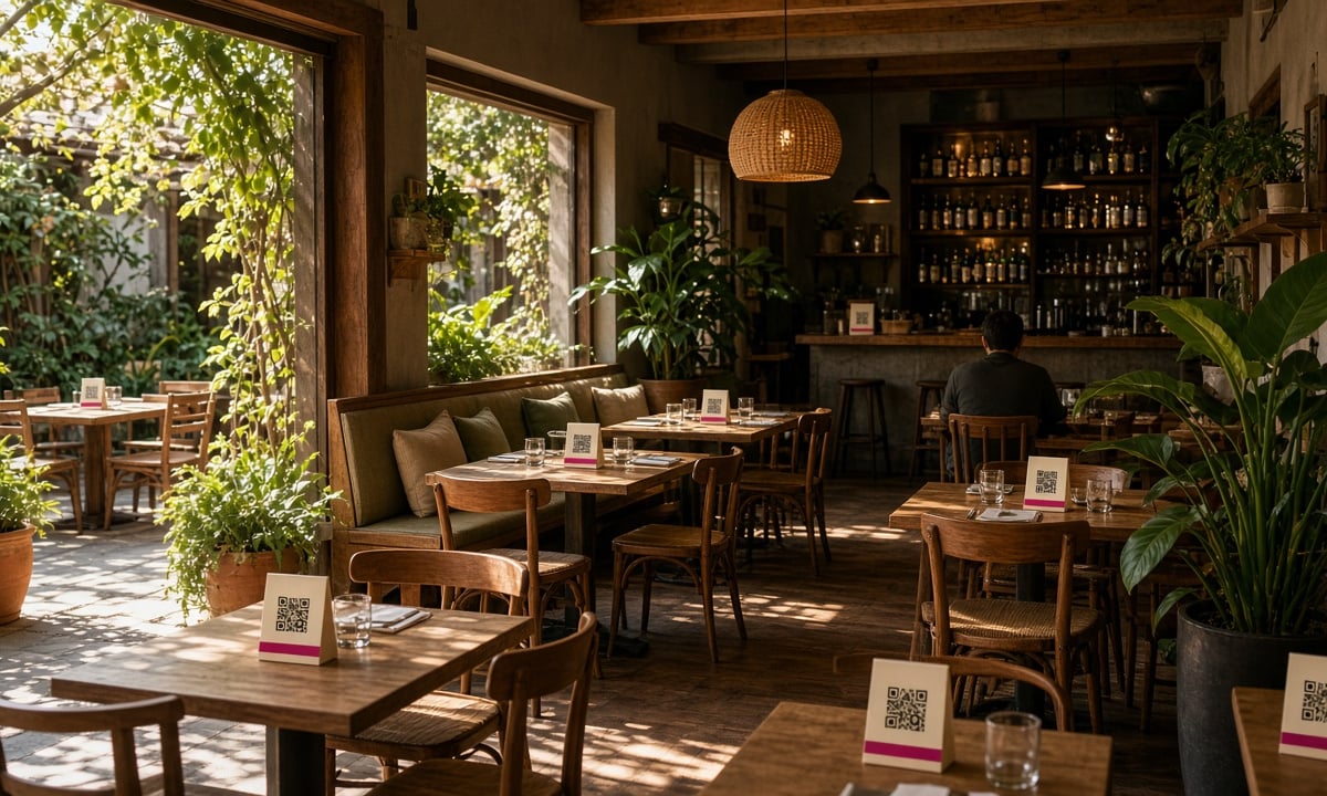 Distinct QR table tents on a patio, dining room, and bar