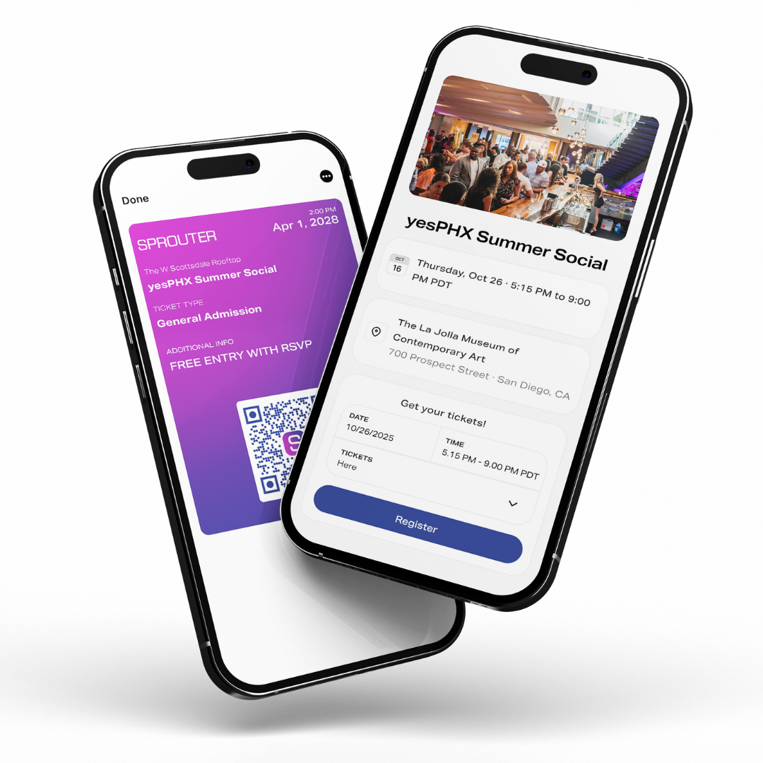 Sprouter event management shown on two mobile phones