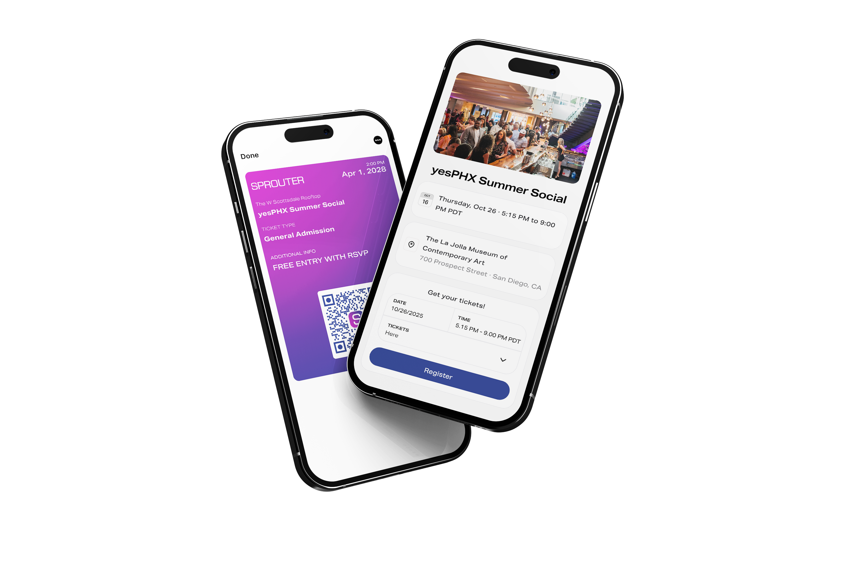 Event ticketing platform with QR check-in - Mobile ticket wallet showing ticket details and QR code for event entry