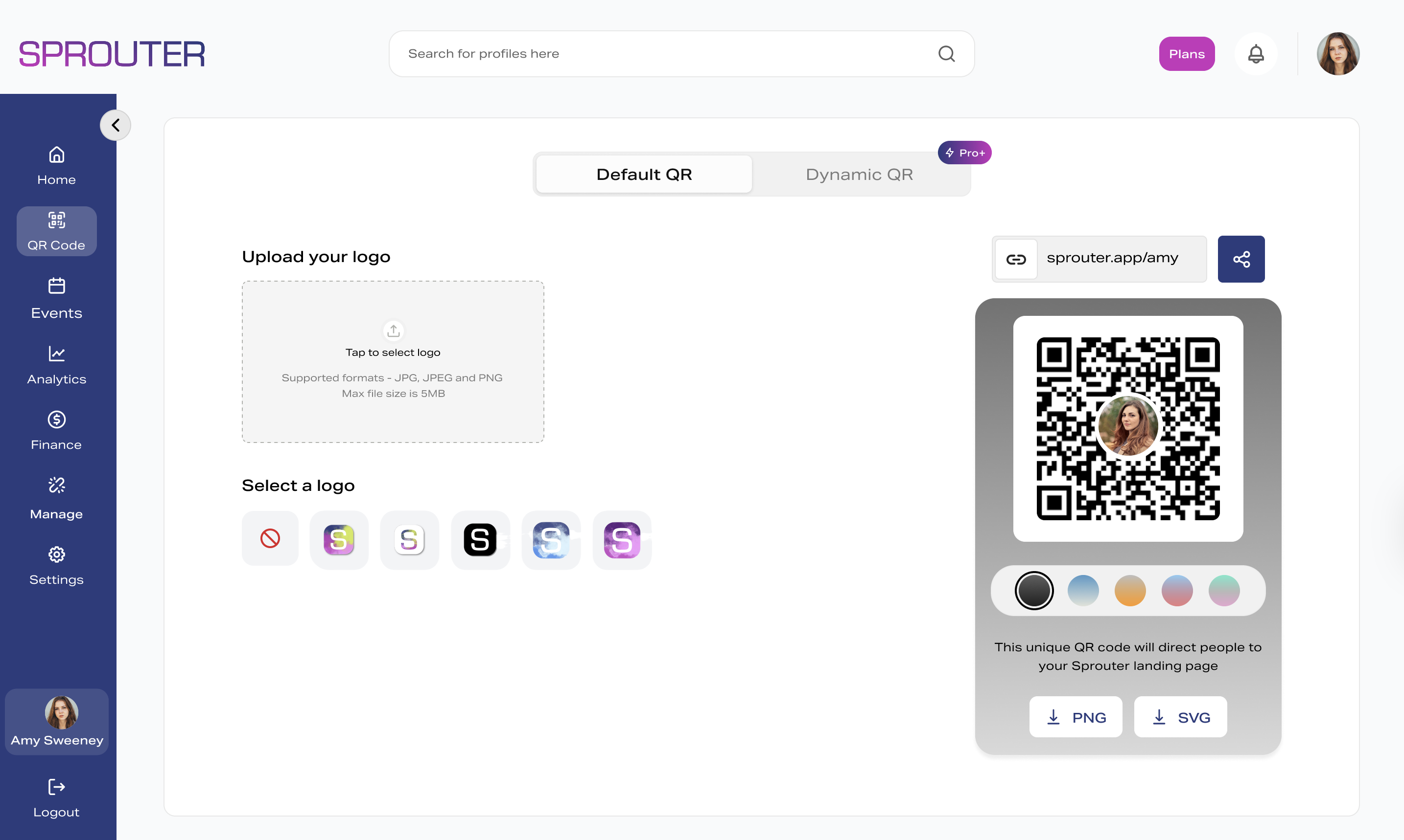 Sprouter QR code analytics dashboard showing scan metrics